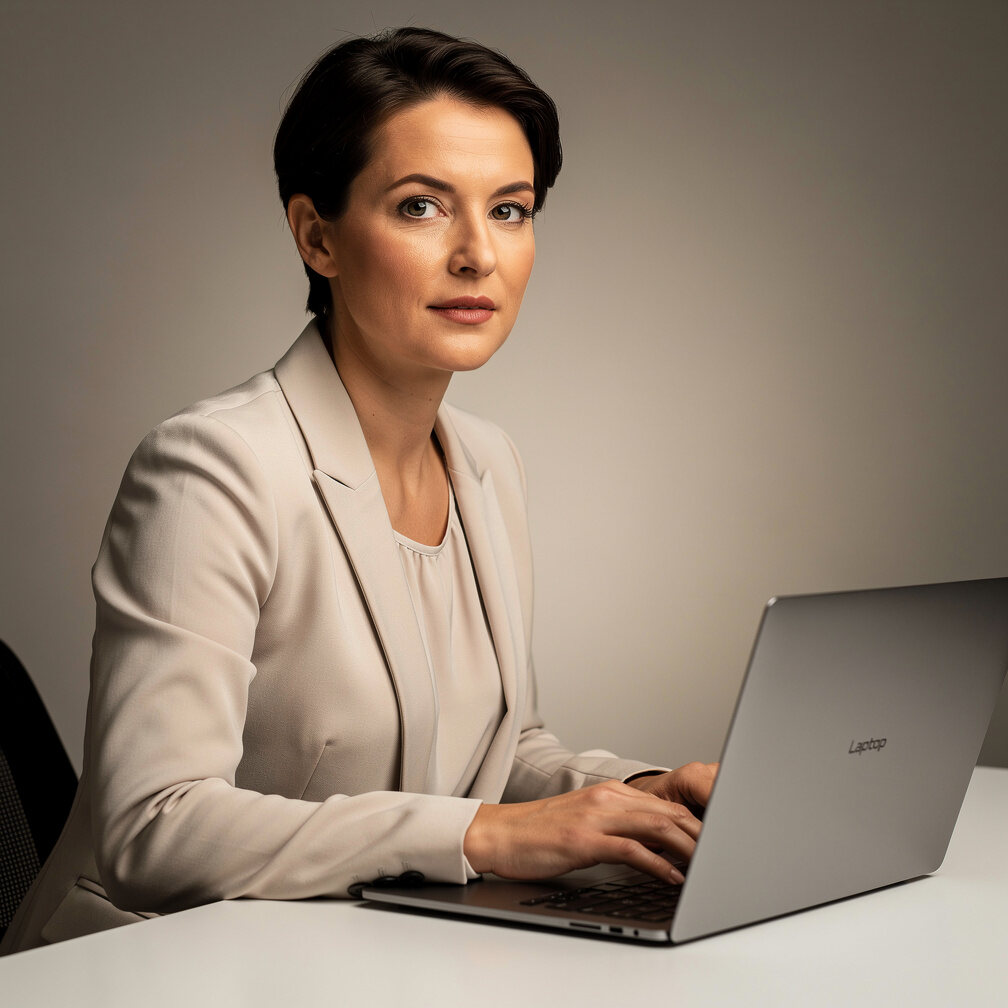 Studio portrait of a woman with short dark hair using a laptop