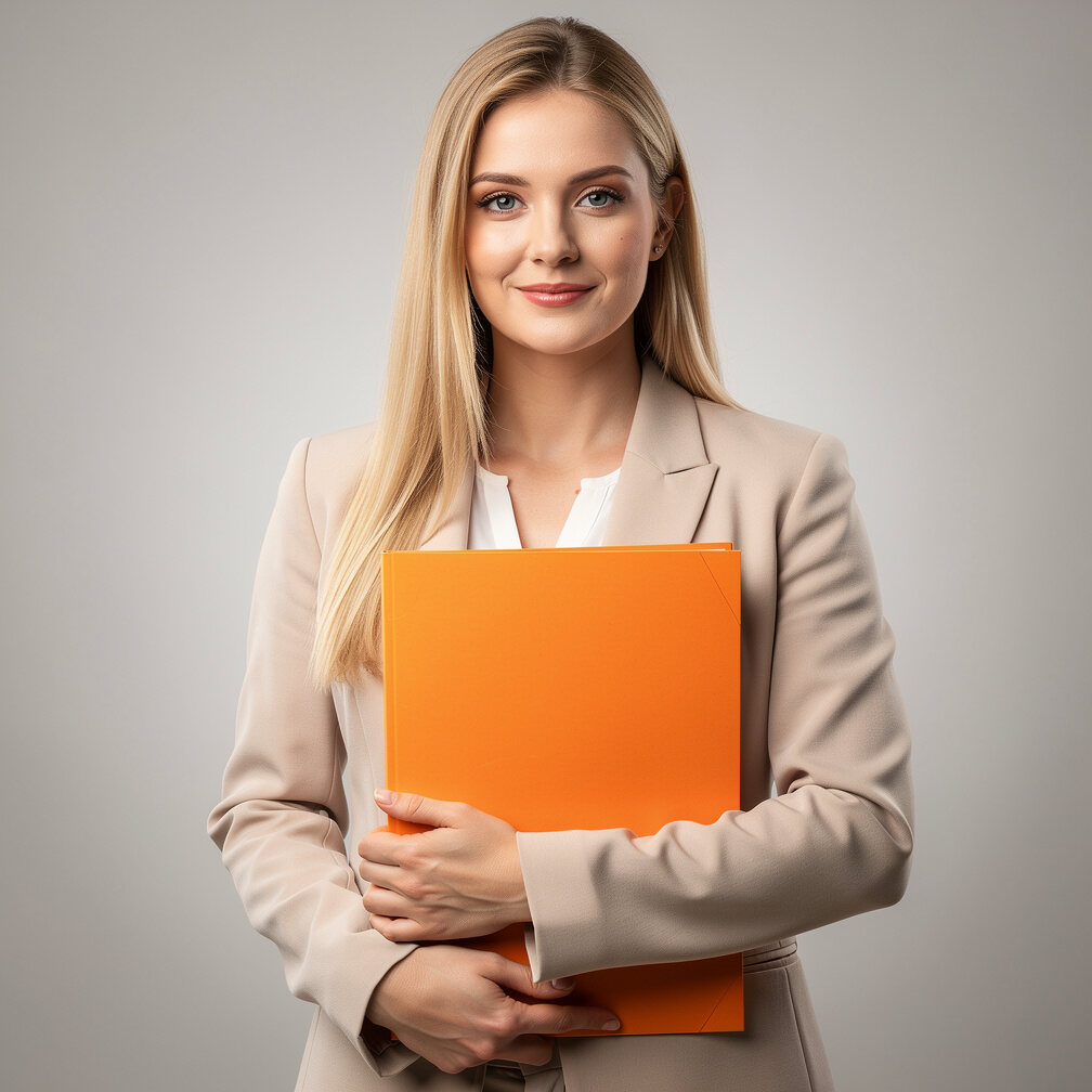 Portrait of a woman holding an orange folder