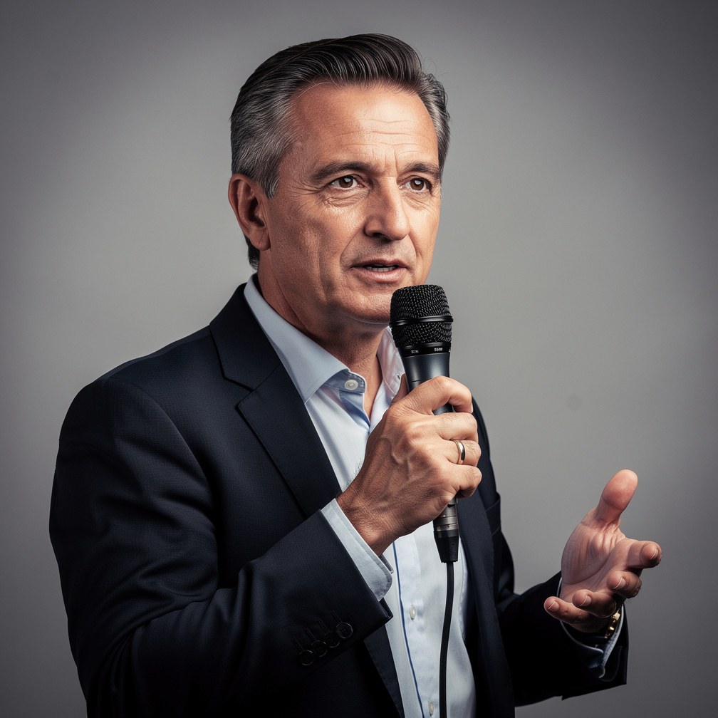 Portrait of a man in a suit speaking into a microphone