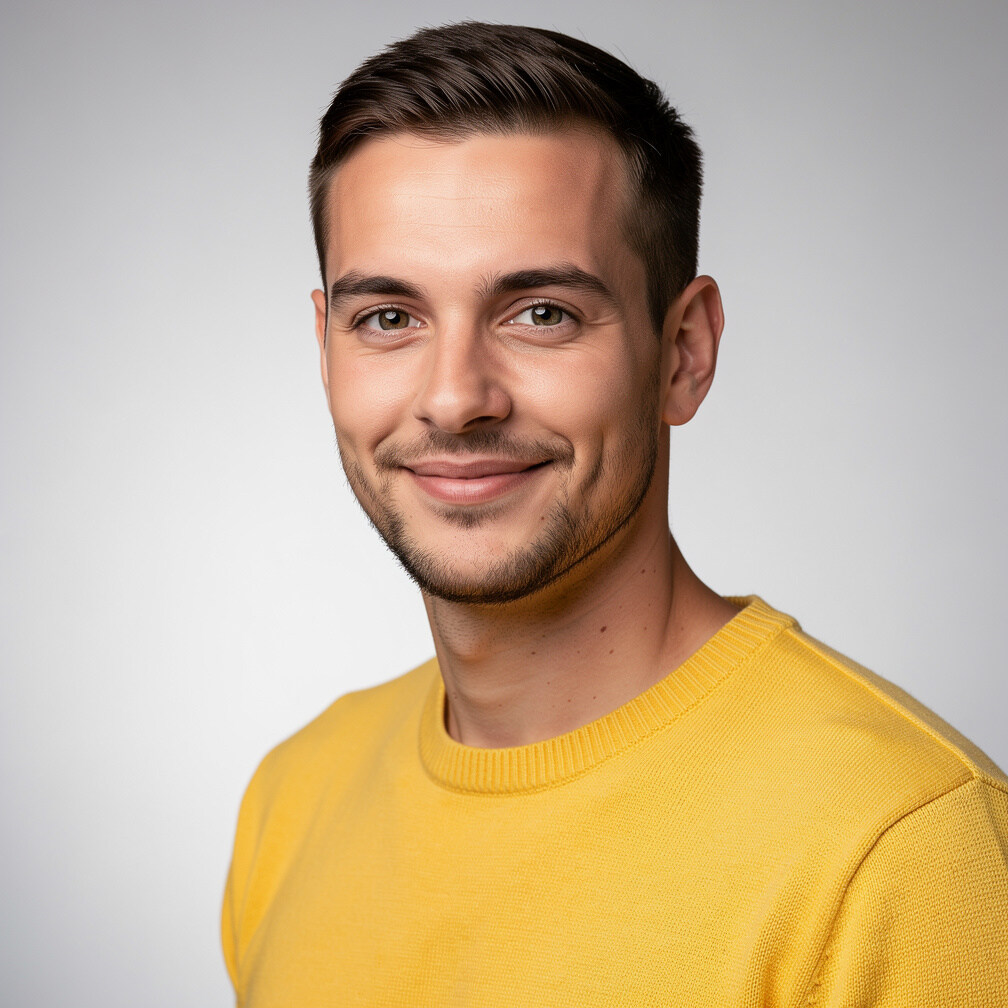 Studio portrait of a young man in a yellow sweater