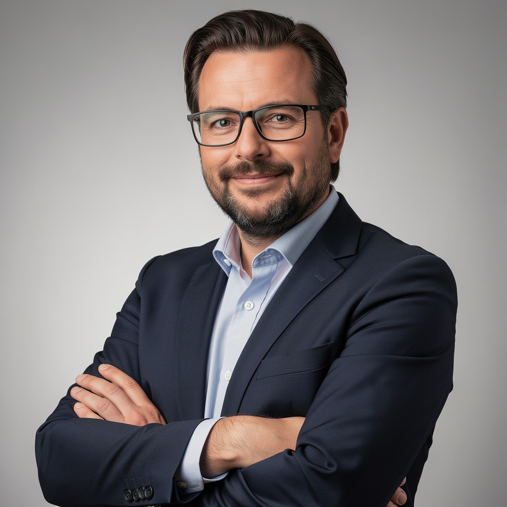 Studio portrait of a bearded man wearing glasses and a blazer