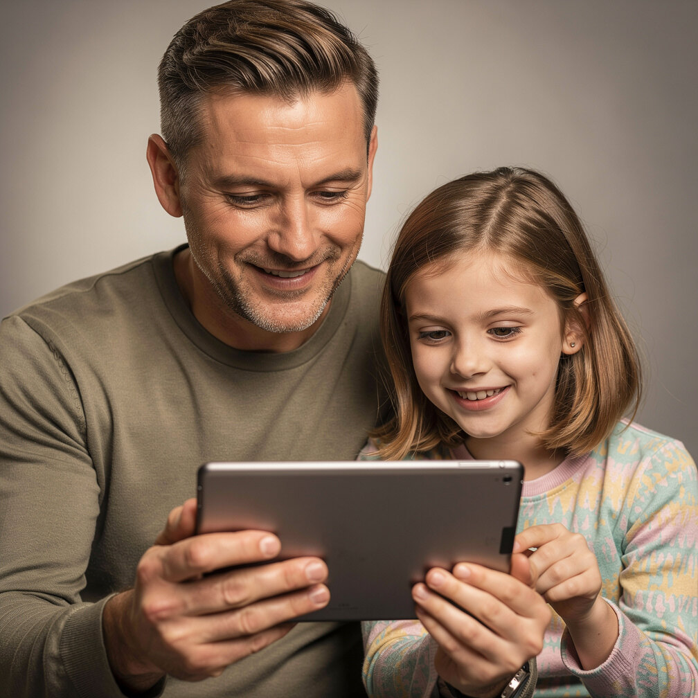 Portrait of a father and daughter looking at a tablet together