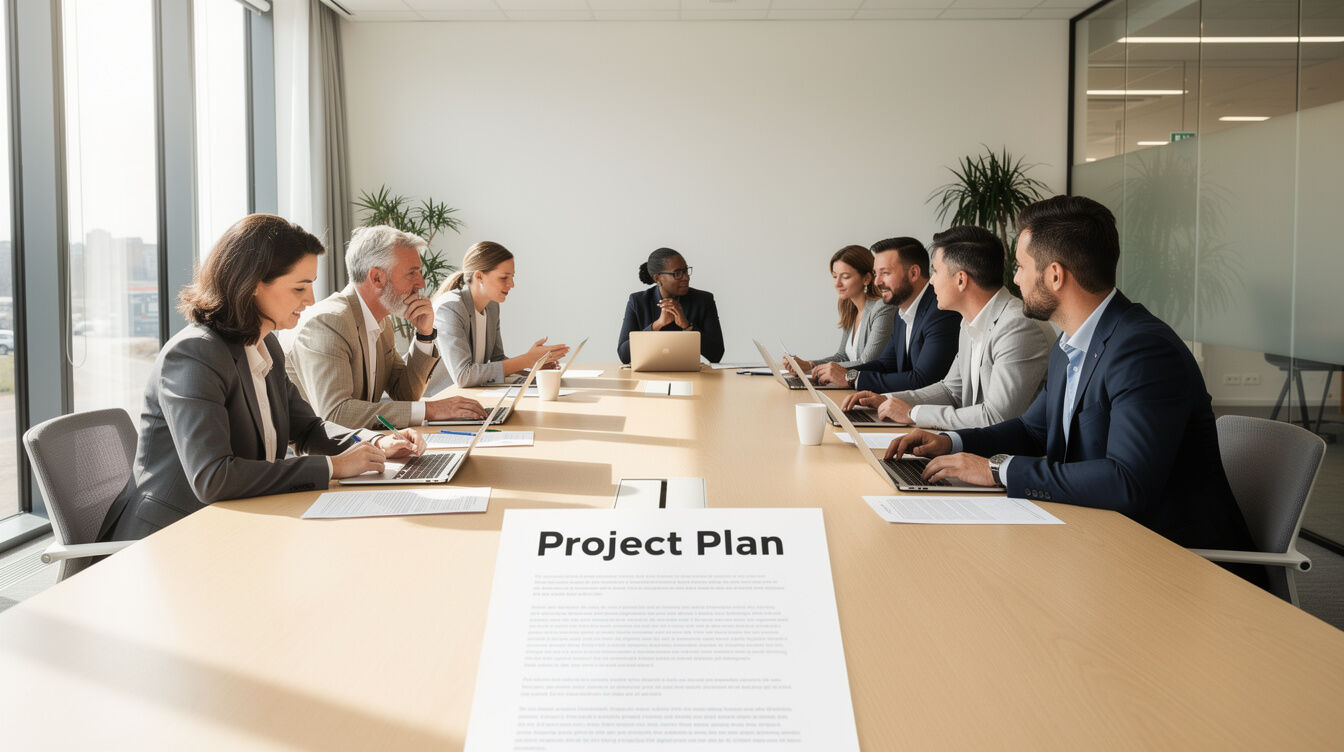 Group of professionals discussing around a table with documents