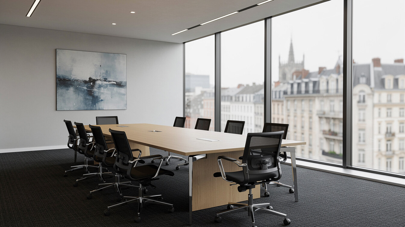 Modern meeting room with a long table and city view